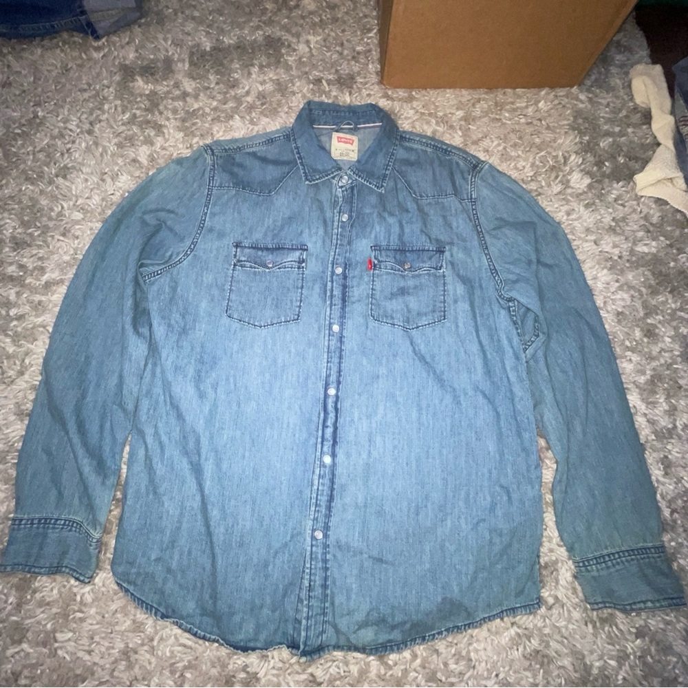 Levis Pearl Snap Denim Long Sleeve Blue Shirt Mens Western Red Tab Sz XL